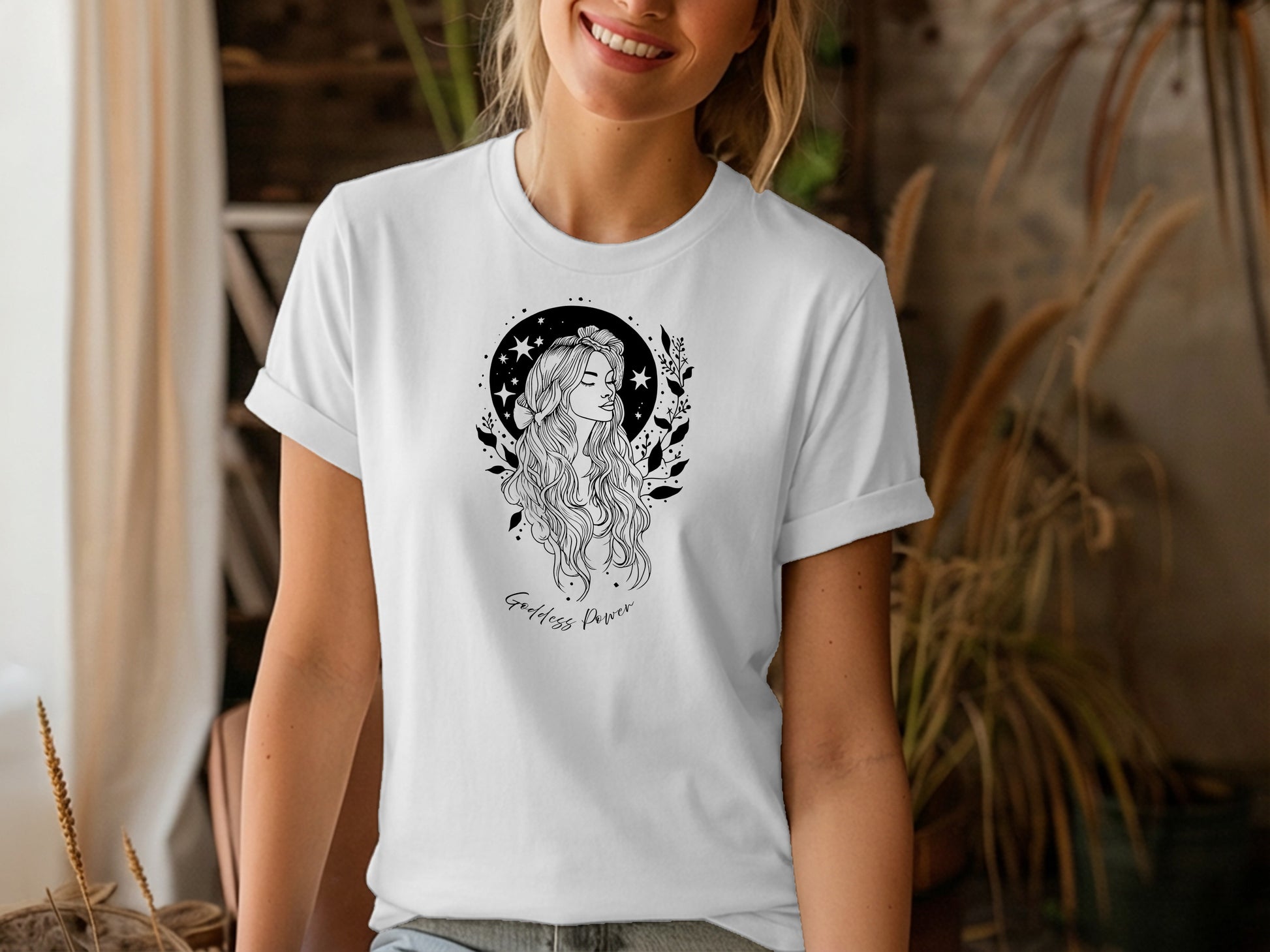 Goddess Power T-shirt in classic white, short sleeve crew neck, soft cotton, empowering trendy boho wardrobe essential.