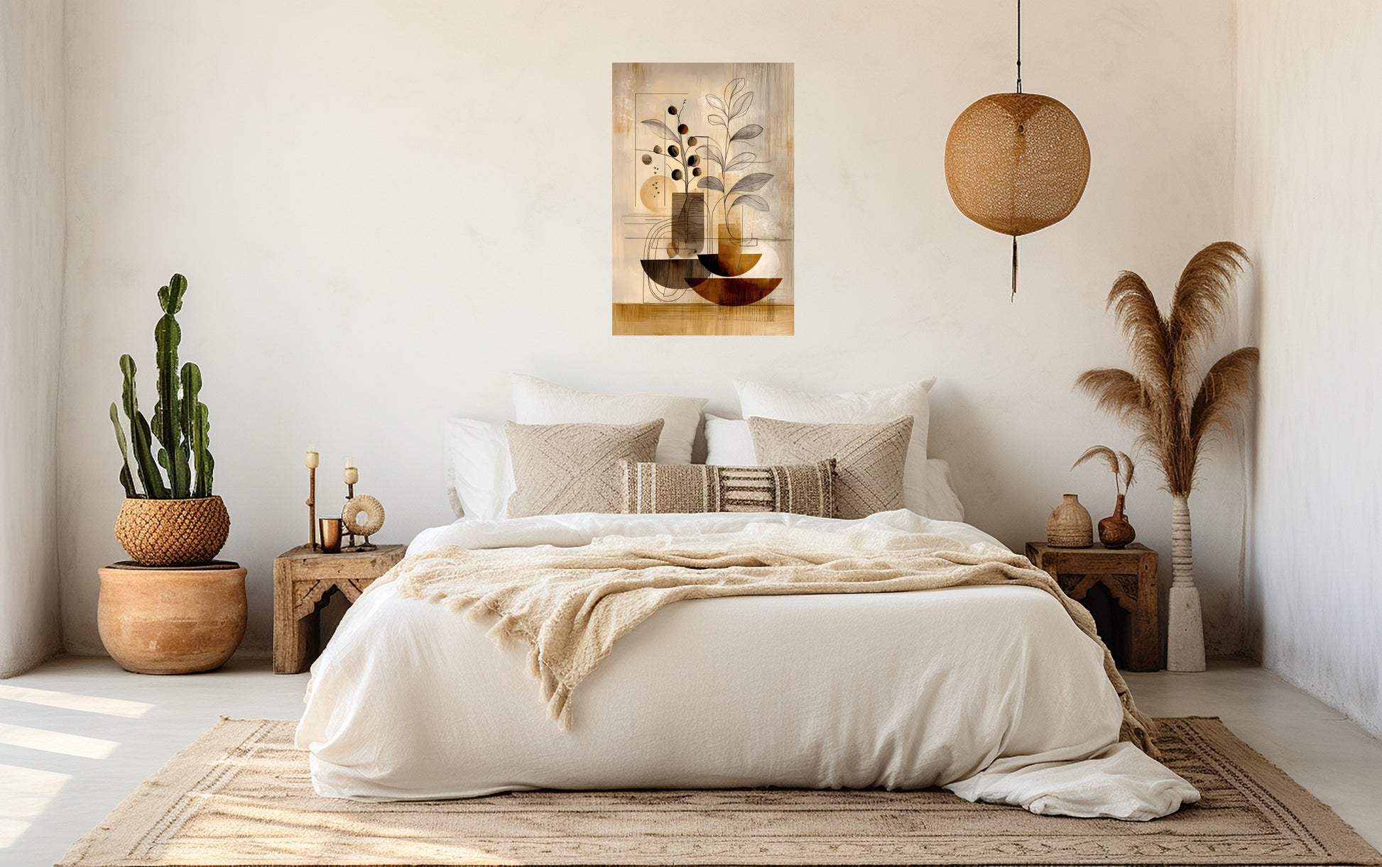 Golden Earth Tones Botanical Art Poster displayed above a bed in a modern, neutral bedroom interior.