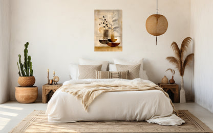 Golden Earth Tones Botanical Art Poster displayed above a bed in a modern, neutral bedroom interior.