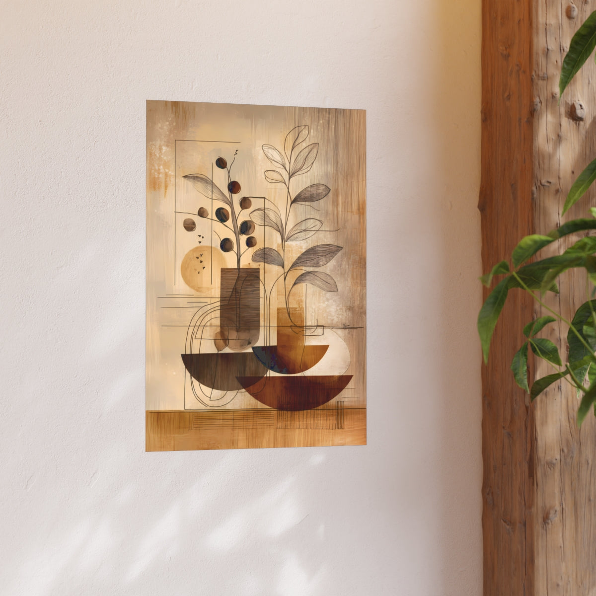 Golden Earth Tones Botanical Art Poster combining organic plant forms with architectural arcs and grid line details displayed on neutral wall.