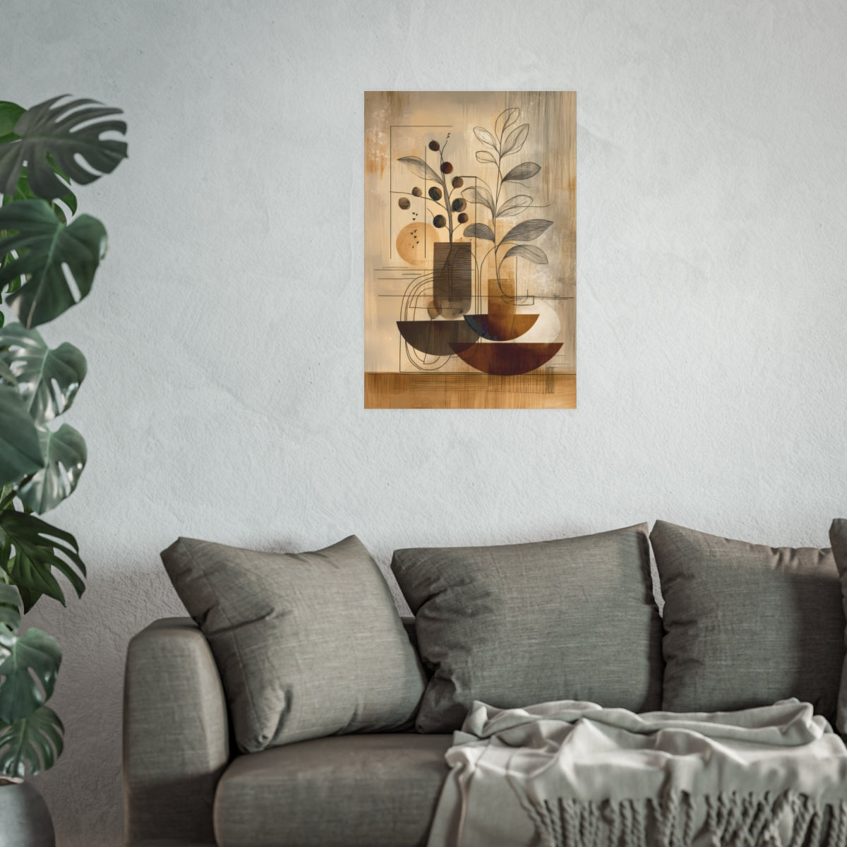 Golden Earth Tones Botanical Art Poster 20x30 inch in a modern living room showing balanced botanical forms.