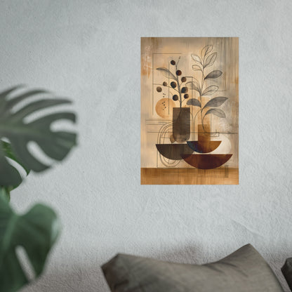Golden Earth Tones Botanical Art Poster 12x18 inch styled above a couch, highlighting warm browns and soft neutrals.