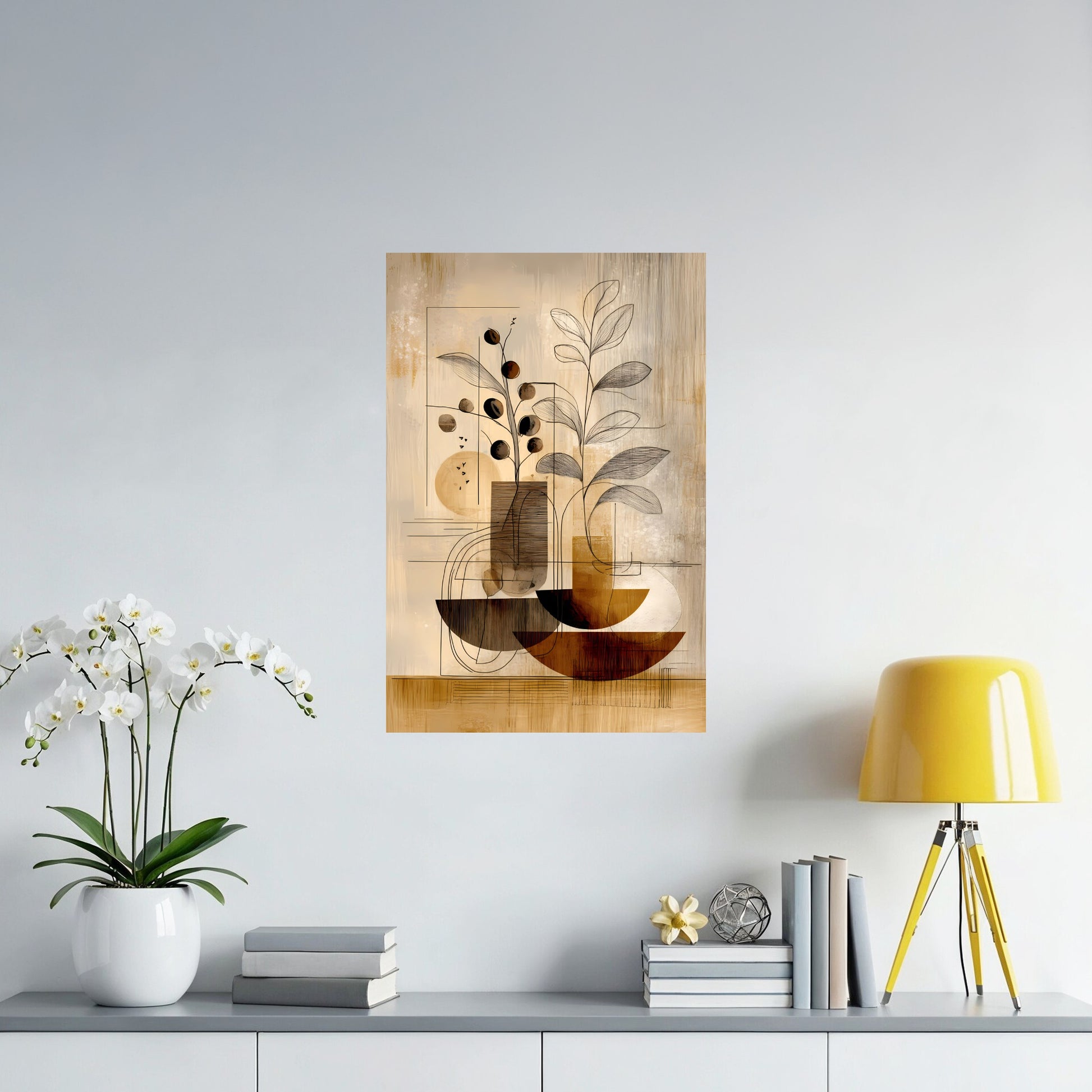 Golden Earth Tones Botanical Art Poster displayed above a sideboard with warm, natural styling in modern environment.