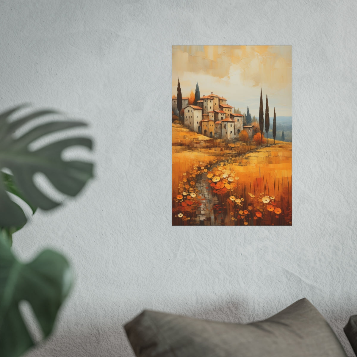 Golden Tuscan Hillside Village 12x18 poster shown above a couch with rustic Italian scenery.