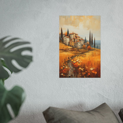 Golden Tuscan Hillside Village 12x18 poster shown above a couch with rustic Italian scenery.