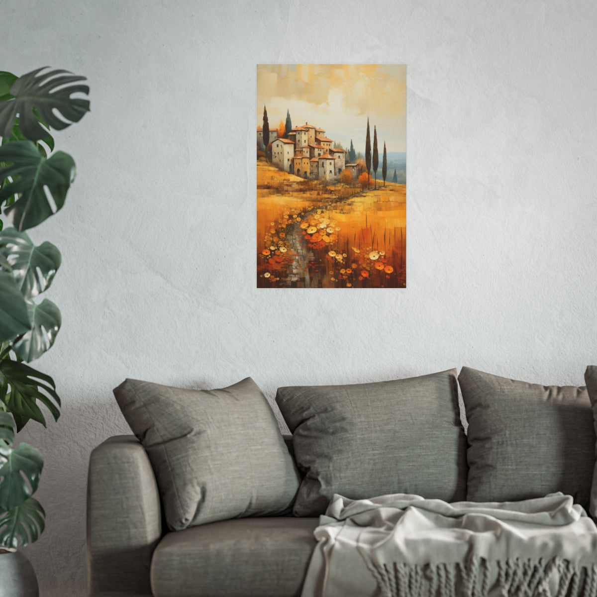 Golden Tuscan Hillside Village 20x30 poster featured above a couch with golden countryside tones.
