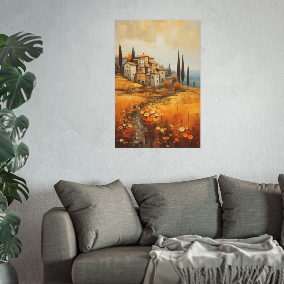 Golden Tuscan Hillside Village 24x36 poster displayed above a couch as a statement landscape piece.