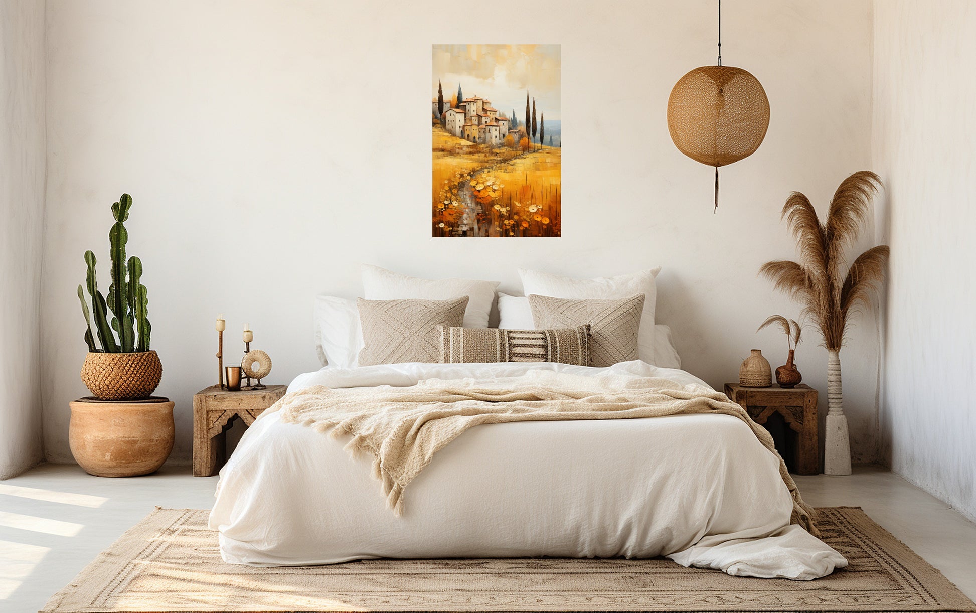 Golden Tuscan Hillside Village poster displayed above a bed in a warm and elegant bedroom.