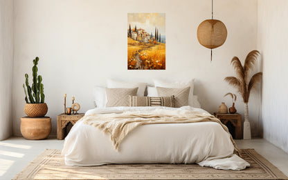 Golden Tuscan Hillside Village poster displayed above a bed in a warm and elegant bedroom.