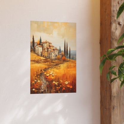 Golden Tuscan Hillside Village poster styled in a refined living space with natural light.