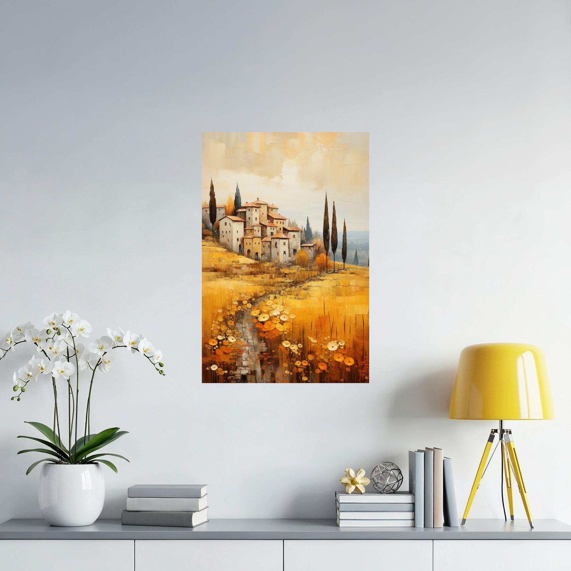 Golden Tuscan Hillside Village poster styled above a sideboard adding warmth to the interior.