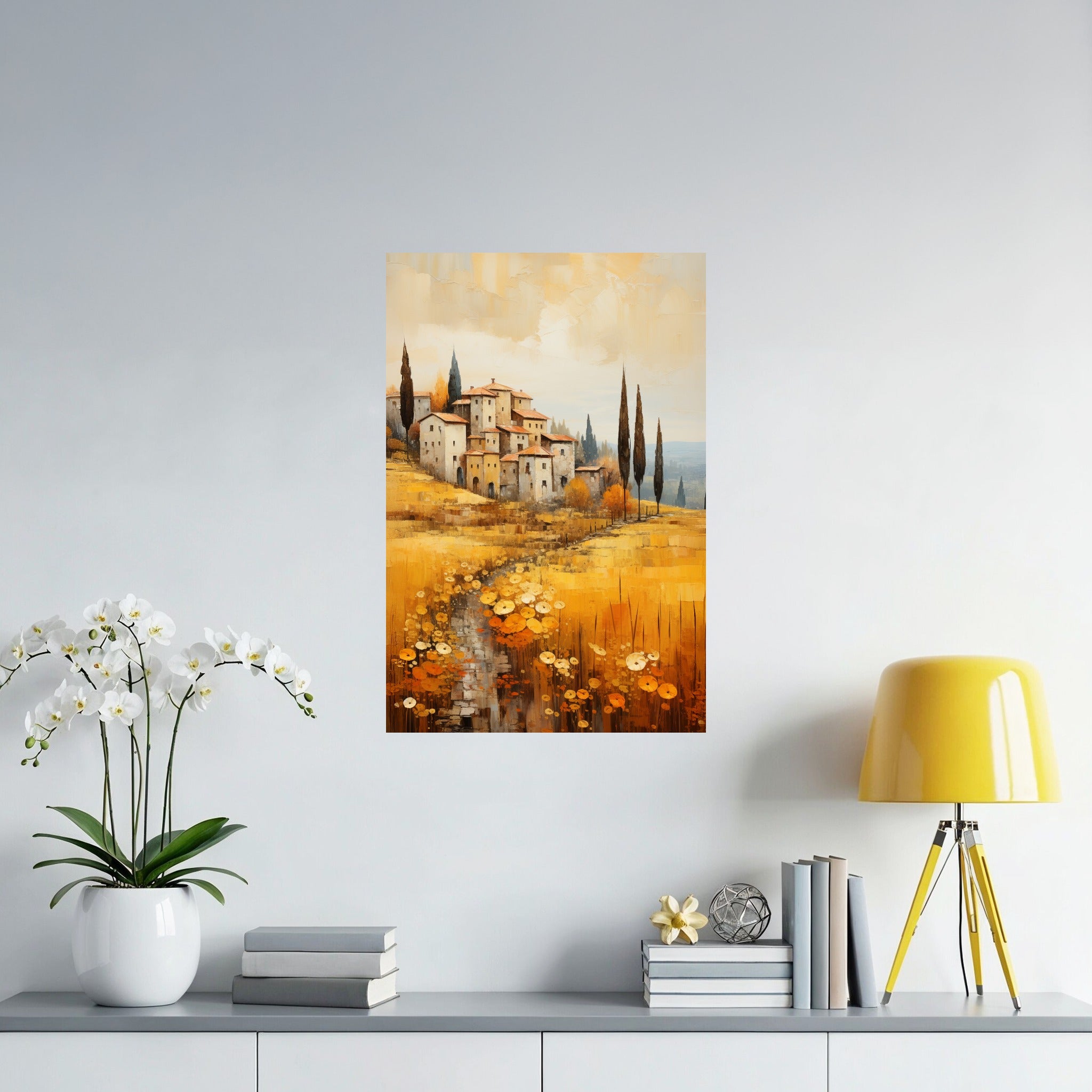 Golden Tuscan Hillside Village Poster featuring a winding stone path through wildflowers and golden hills displayed above a sideboard.