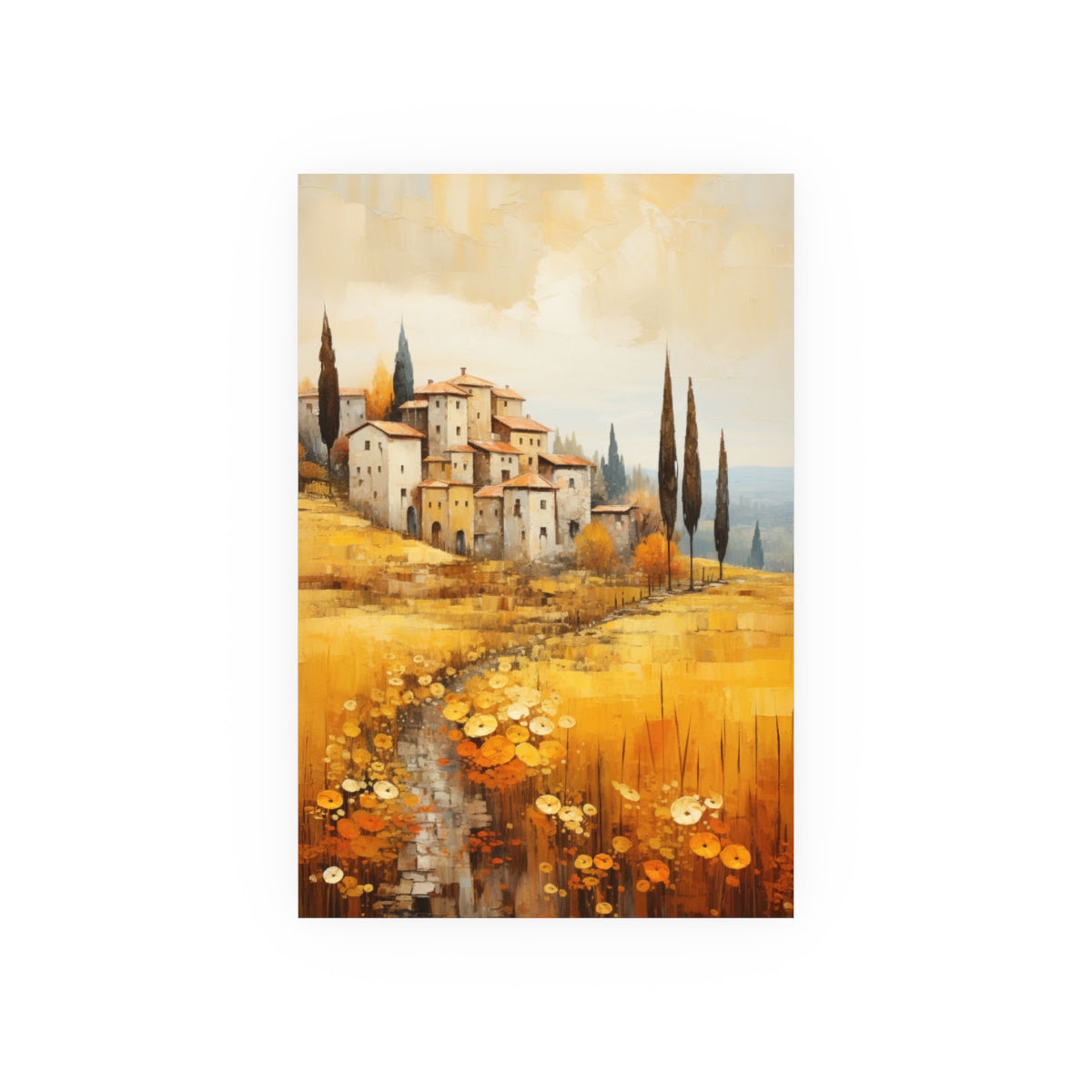 Golden Tuscan Hillside Village poster flat lay on white background showing sunlit village details.