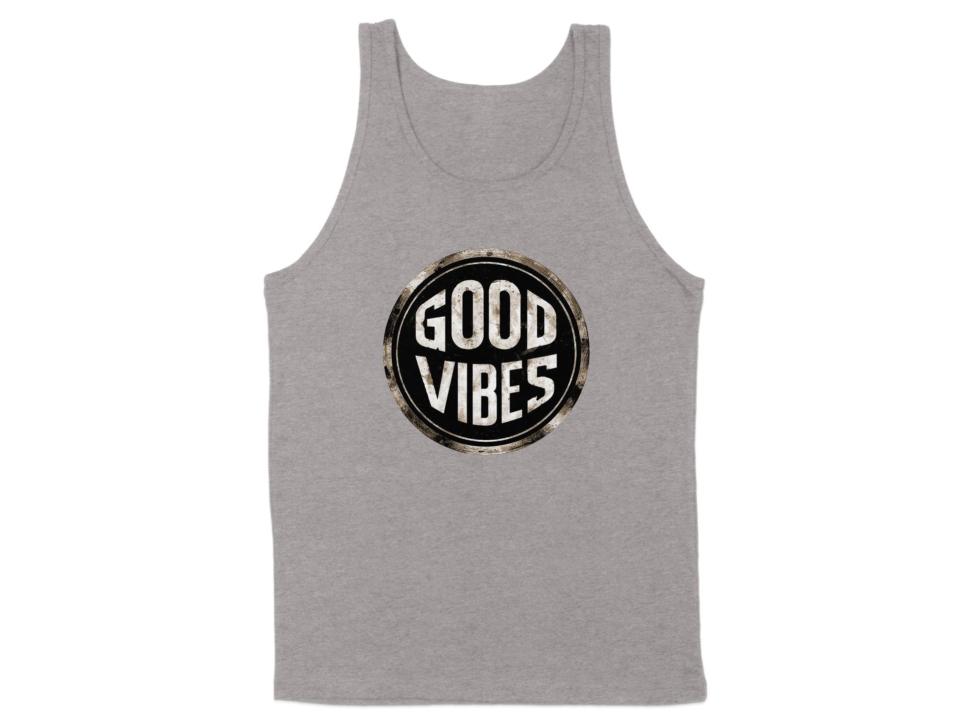 Athletic Heather Good Vibes Tank Top, sleeveless, stylish scoop neck, cotton fabric, and unisex sizing for relaxed fit.