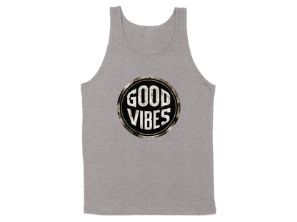 Athletic Heather Good Vibes Tank Top, sleeveless, stylish scoop neck, cotton fabric, and unisex sizing for relaxed fit.