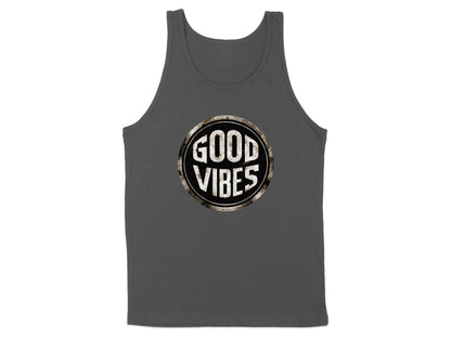 Charcoal Good Vibes Tank Top, scoop neck, soft cotton fabric, and unisex fit for all-day trendy comfort and style.