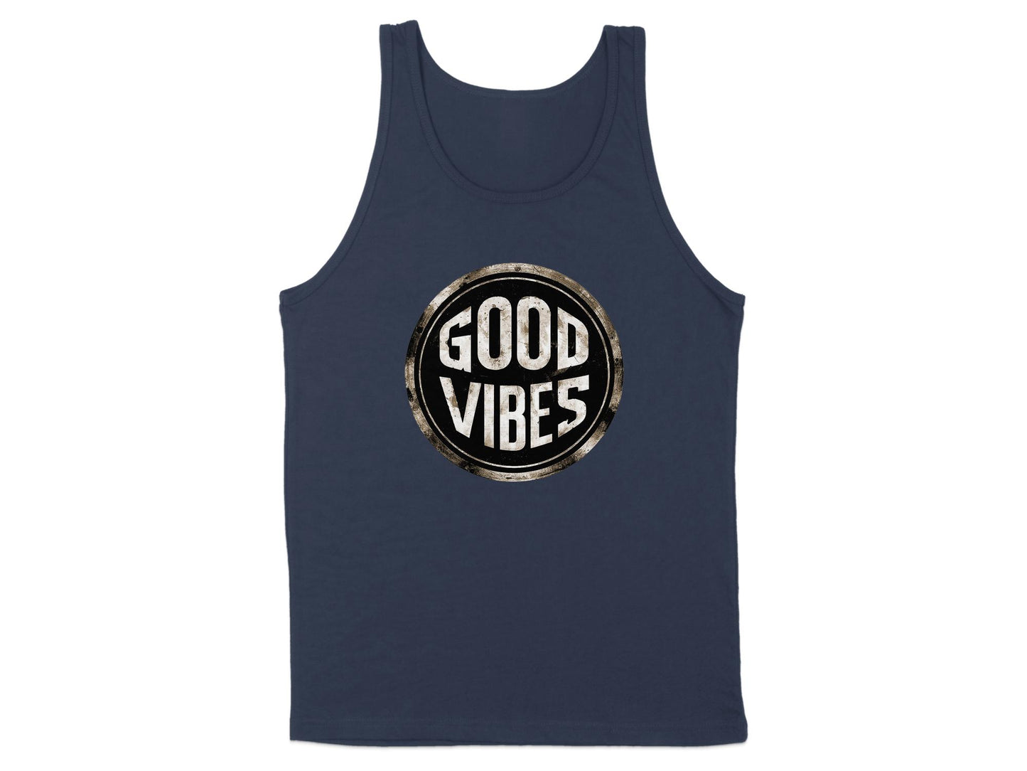 Navy Good Vibes Tank Top, scoop neck, sleeveless design, soft cotton fabric, and unisex fit for easy-going casual wear.