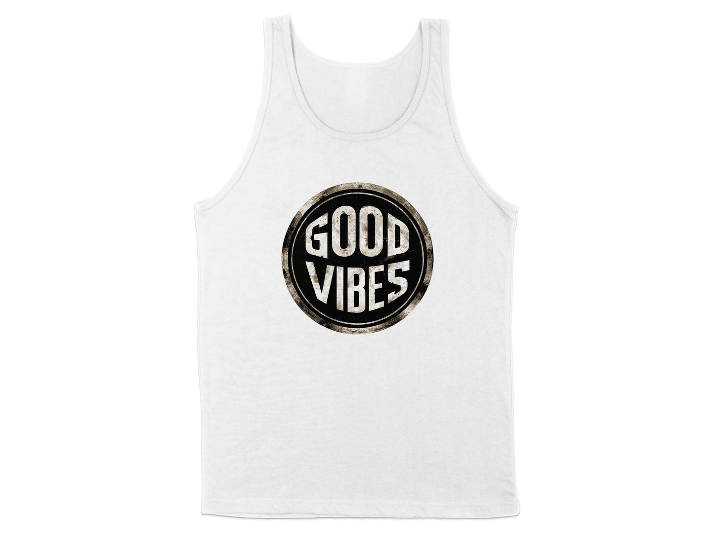 White Good Vibes Tank Top, scoop neck, soft cotton fabric, and unisex fit for relaxed, casual summer comfort.