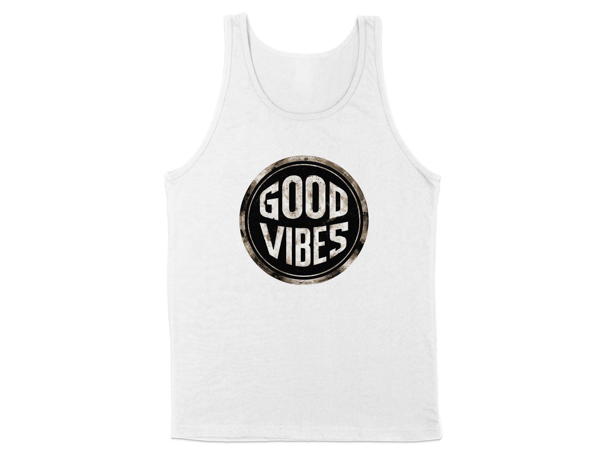 White Good Vibes Tank Top, scoop neck, soft cotton fabric, and unisex fit for relaxed, casual summer comfort.