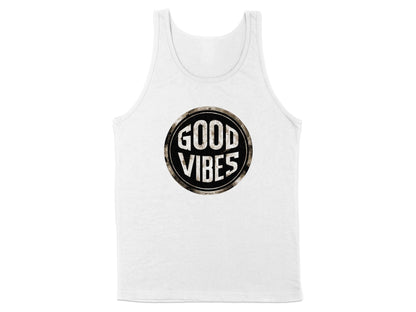 White Good Vibes Tank Top, scoop neck, soft cotton fabric, and unisex fit for relaxed, casual summer comfort.