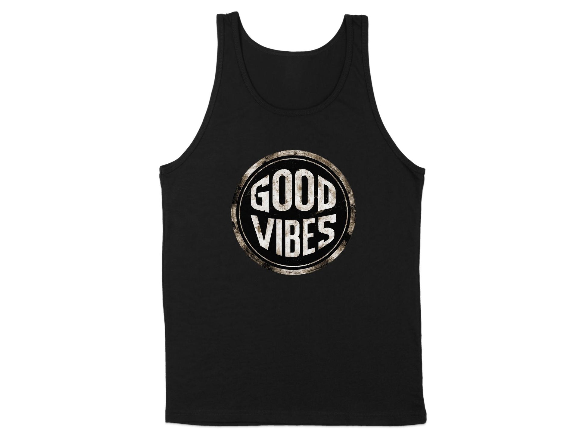 Black Good Vibes Tank Top, sleeveless with scoop neck, soft cotton fabric, and unisex sizing for everyday casual style.