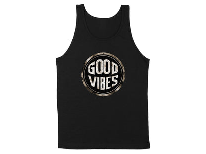 Black Good Vibes Tank Top, sleeveless with scoop neck, soft cotton fabric, and unisex sizing for everyday casual style.