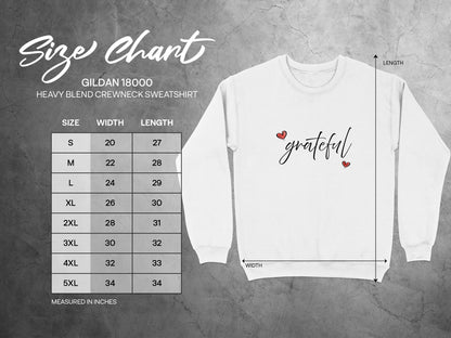 Size chart for Grateful Heart Sweatshirt showing unisex body length and chest width measurements from Small through 3XL in inches.