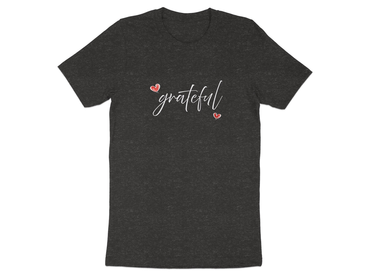 Dark heather grey Grateful Heart T-Shirt featuring flowing grateful white script with two small red hearts.