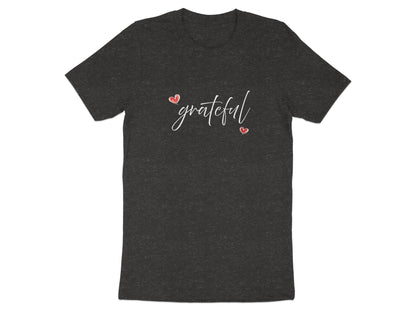 Dark heather grey Grateful Heart T-Shirt featuring flowing grateful white script with two small red hearts.