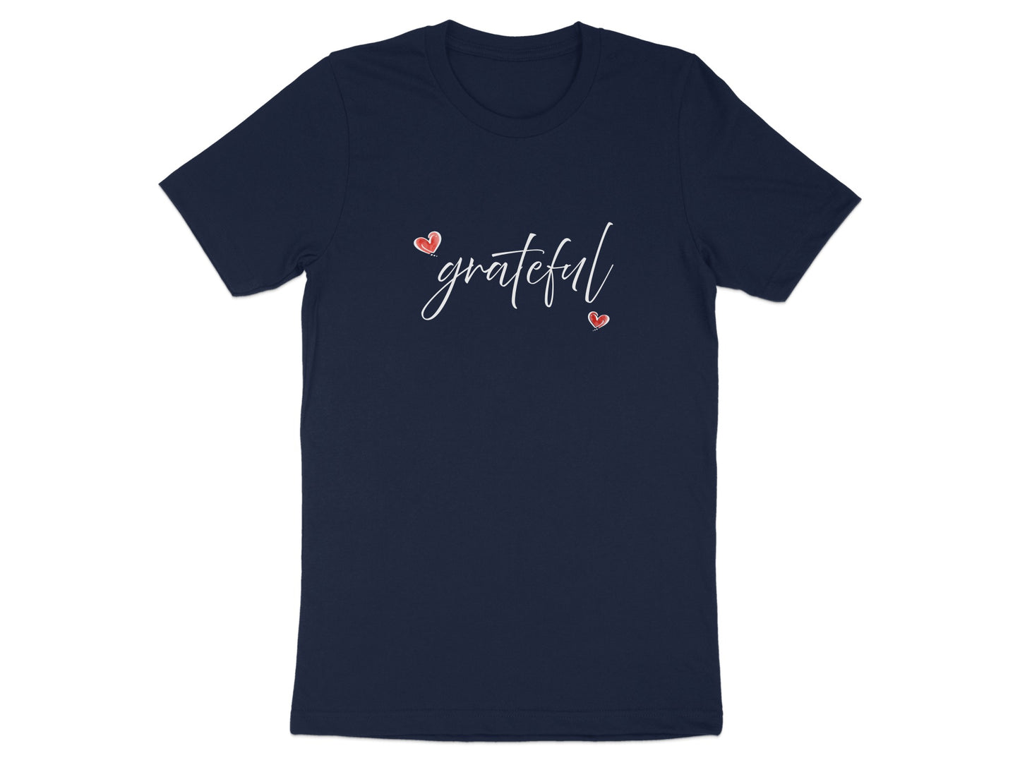 Navy Grateful Heart T-Shirt showing flowing white 'grateful' lettering framed by two small red hand-drawn hearts.