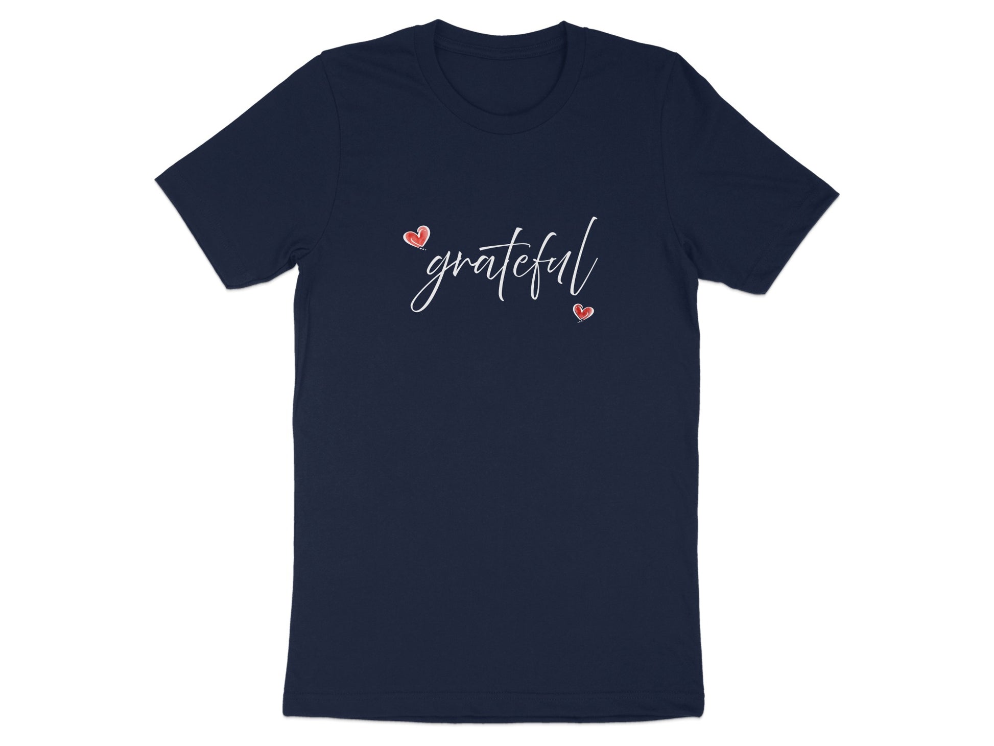 Navy Grateful Heart T-Shirt showing flowing white 'grateful' lettering framed by two small red hand-drawn hearts.