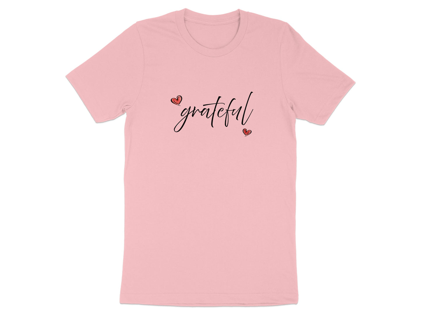 Pink Grateful Heart graphic T-Shirt with white black cursive 'grateful' lettering accented by two small hand-drawn red hearts.