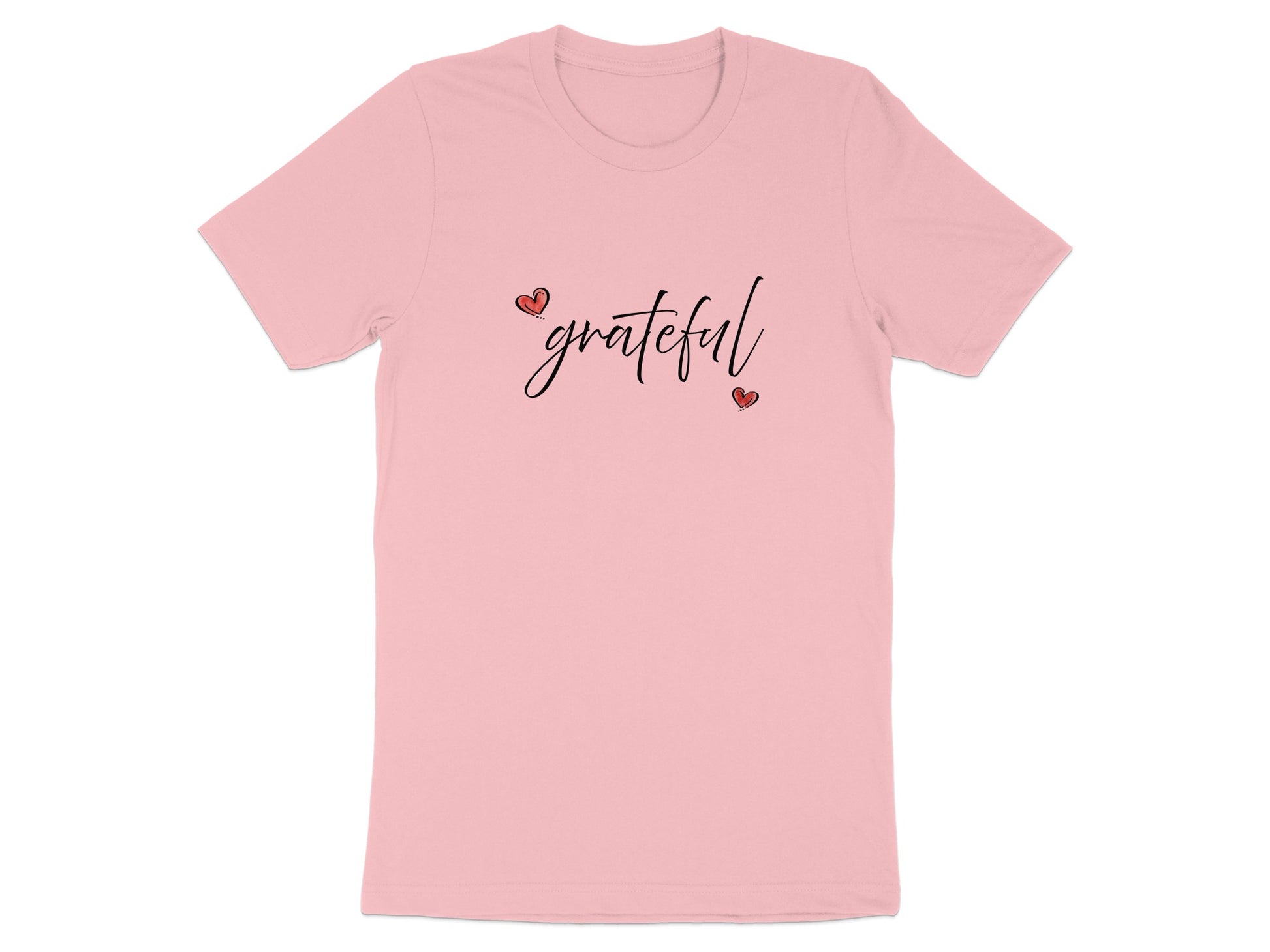 Pink Grateful Heart graphic T-Shirt with white black cursive 'grateful' lettering accented by two small hand-drawn red hearts.