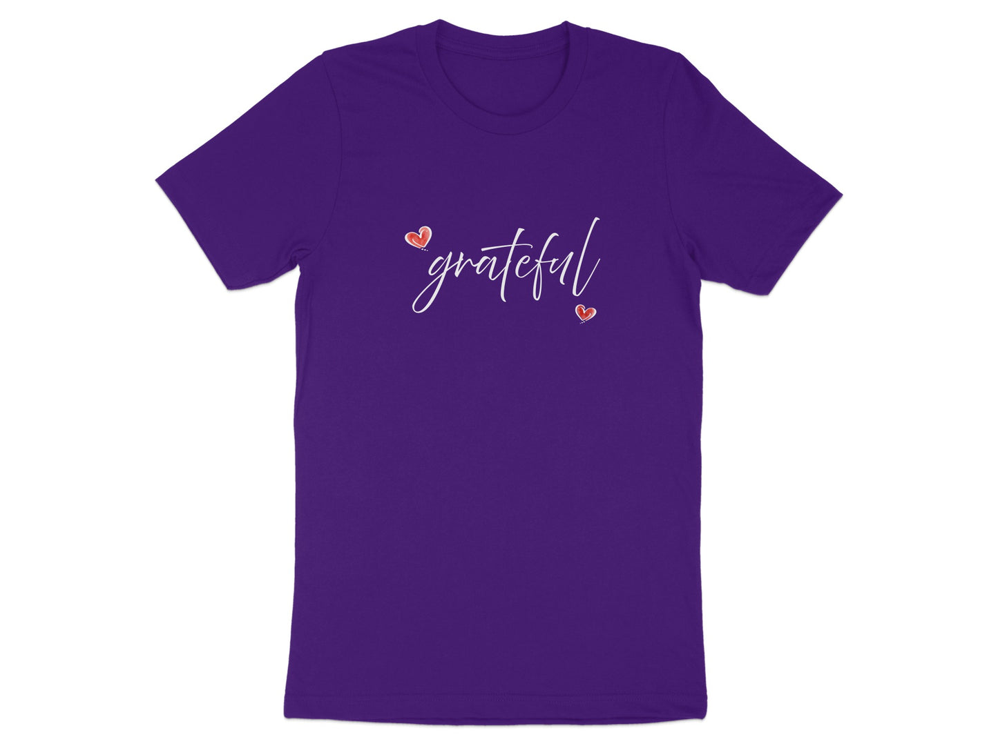 Purple Grateful Heart T-Shirt with minimalist white cursive typography and contrasting red hearts at centre chest.