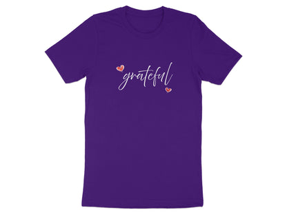 Purple Grateful Heart T-Shirt with minimalist white cursive typography and contrasting red hearts at centre chest.
