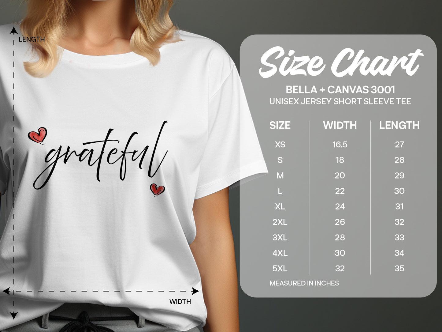 Size chart for Grateful Heart T-Shirt showing unisex body length and width measurements for Small, Medium, Large, XL, 2XL and 3XL in inches.