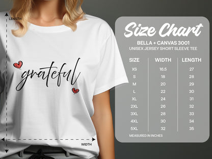 Size chart for Grateful Heart T-Shirt showing unisex body length and width measurements for Small, Medium, Large, XL, 2XL and 3XL in inches.