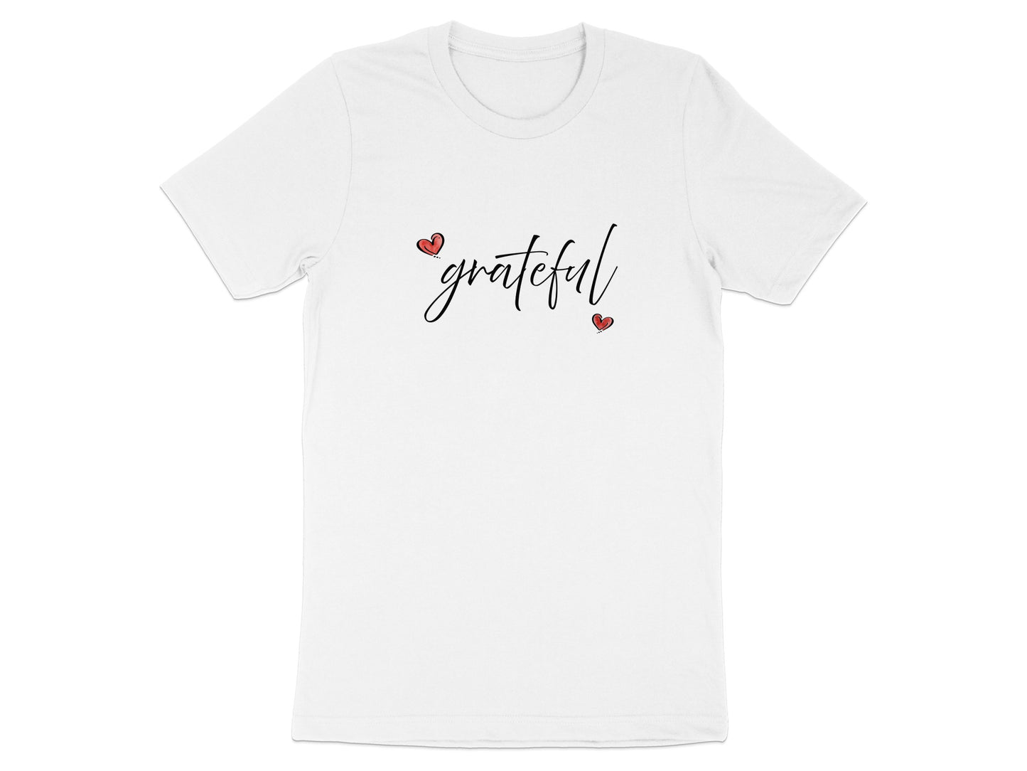 White Grateful Heart T-Shirt flat lay with flowing black cursive 'grateful' lettering and two red hearts creating a balanced centre-chest graphic.