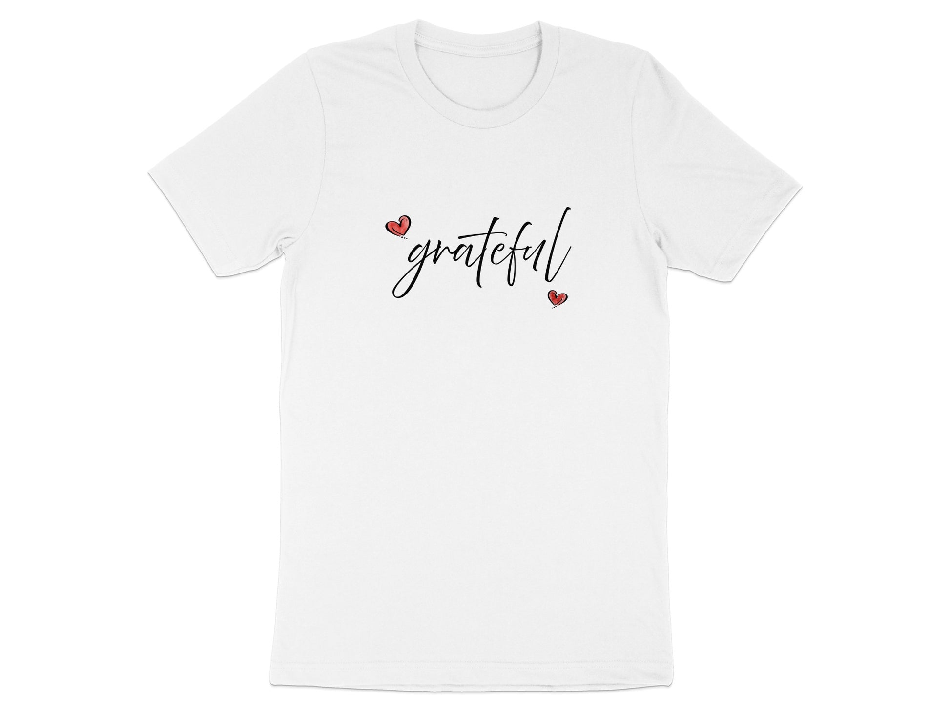 White Grateful Heart T-Shirt flat lay with flowing black cursive 'grateful' lettering and two red hearts creating a balanced centre-chest graphic.