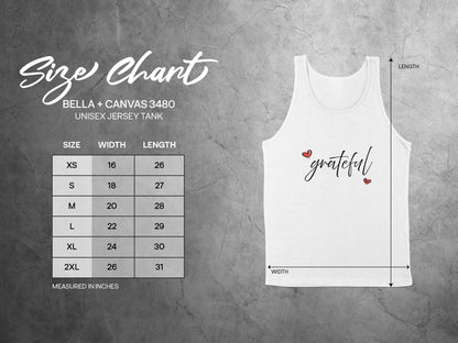 Size chart for Grateful Heart tank top showing body length and chest width measurements for sizes Small through 2XL.
