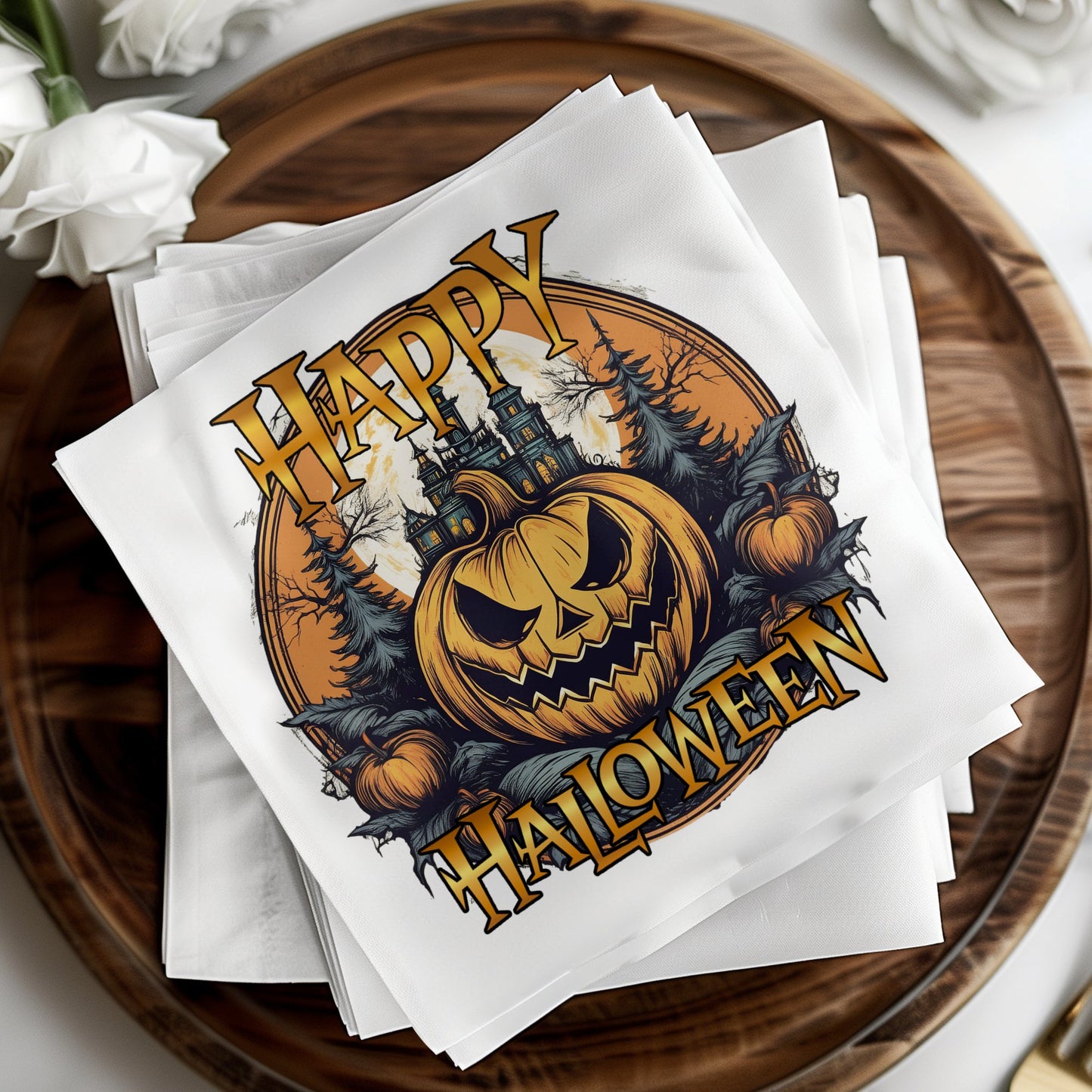 Halloween napkins with a cute pumpkin design, perfect for festive gatherings and spooky drink servings.