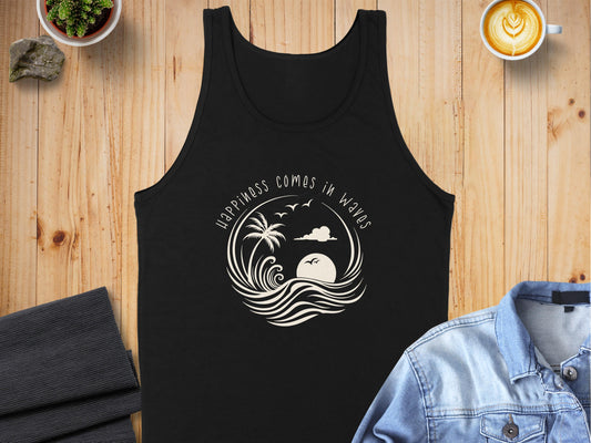Black Happiness Comes in Waves Tank Top, sleeveless, scoop neck, unisex fit, with a positive graphic for an inspiring look.