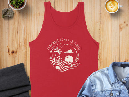 Red Happiness Comes in Waves Tank Top, sleeveless with scoop neck, cotton blend material, and a soothing graphic print.
