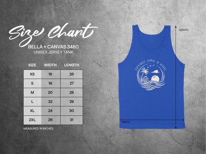Happiness Comes in Waves Tank Top size chart, from small to 2XL, offering a comfortable unisex fit and relaxed style.