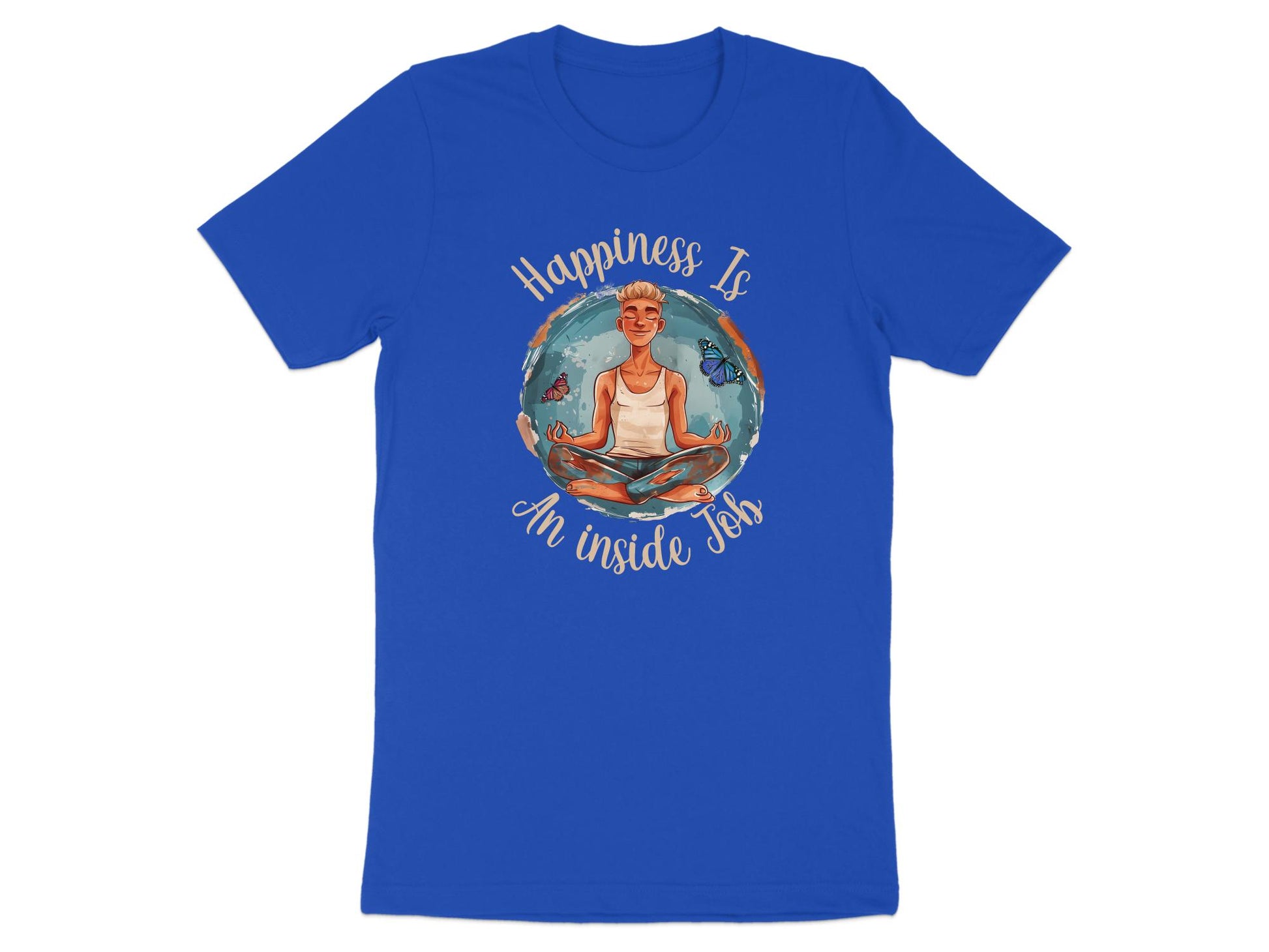 Royal blue Happiness Yoga Meditation t-shirt with vibrant meditation graphic and butterfly peaceful design.