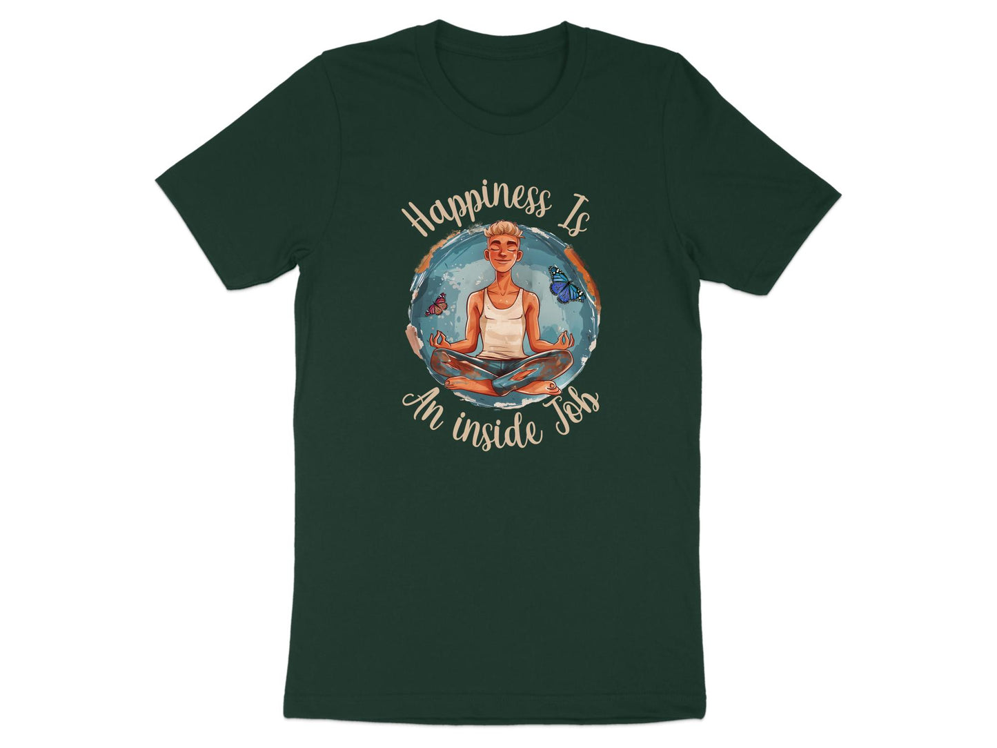 Forest green Happiness Yoga Meditation t-shirt with serene meditating figure and butterfly mindfulness graphic.