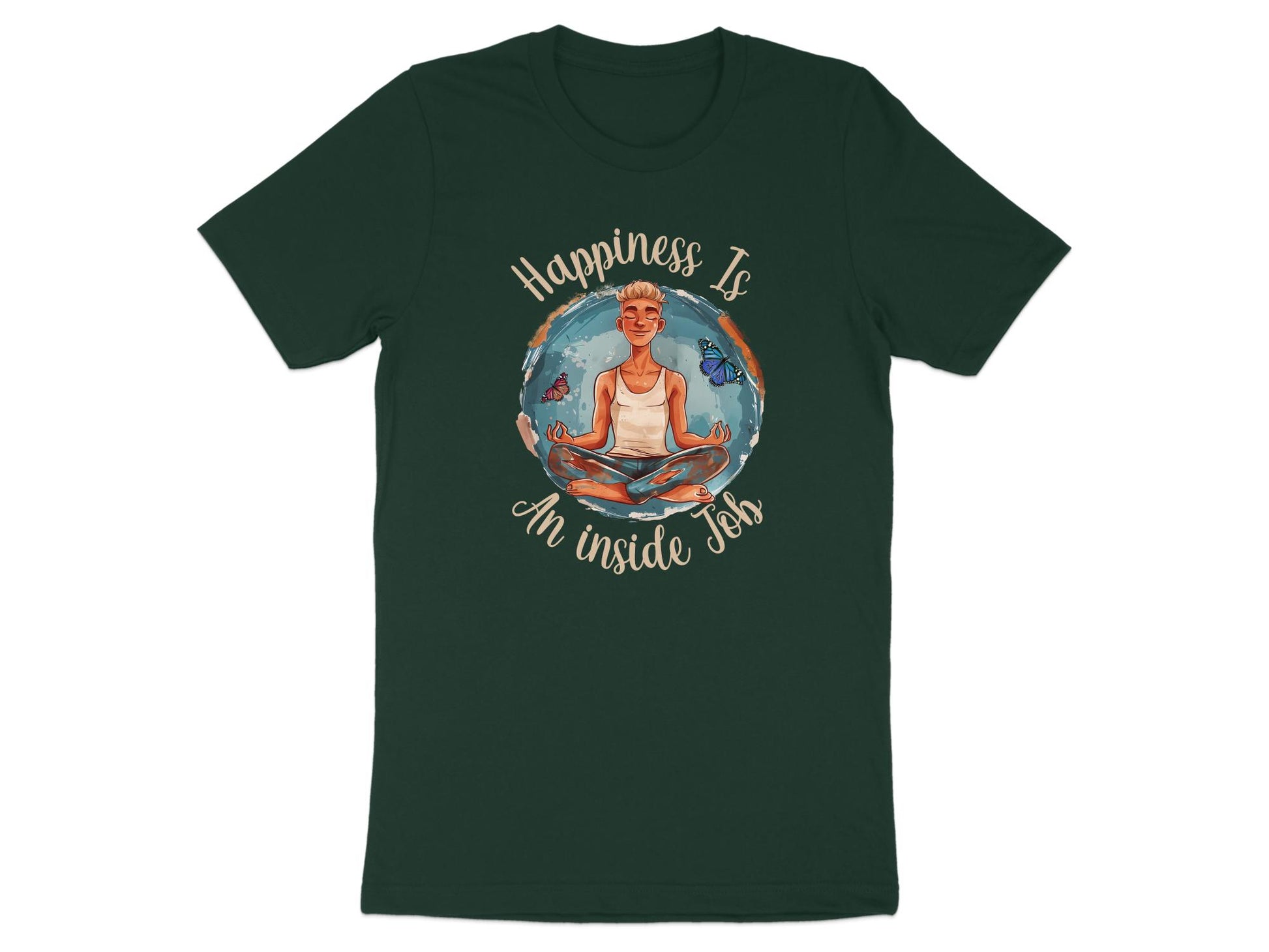 Forest green Happiness Yoga Meditation t-shirt with serene meditating figure and butterfly mindfulness graphic.