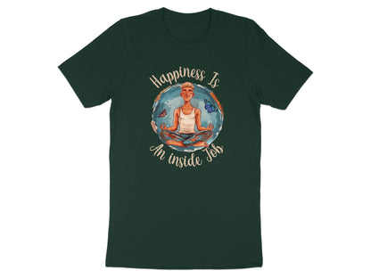 Forest green Happiness Yoga Meditation t-shirt with serene meditating figure and butterfly mindfulness graphic.