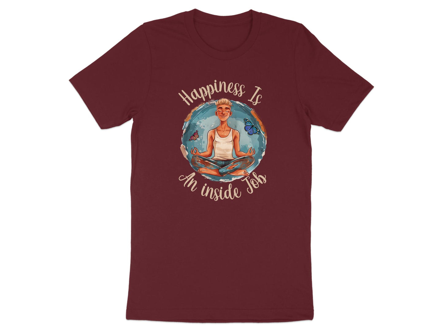 Maroon Happiness Yoga Meditation t-shirt featuring yoga meditation illustration with inspirational typography.