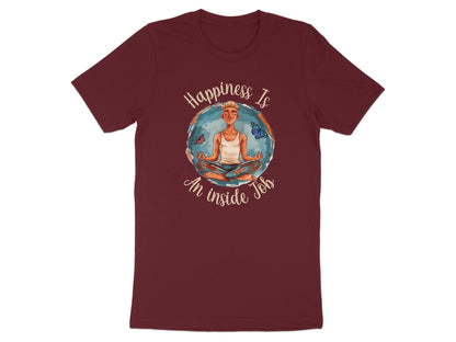 Maroon Happiness Yoga Meditation t-shirt featuring yoga meditation illustration with inspirational typography.